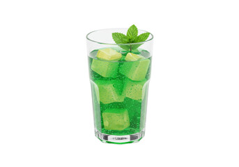 Isolated mojito beverage with green ice cubes and mint sprig, cocktail drink in a glass