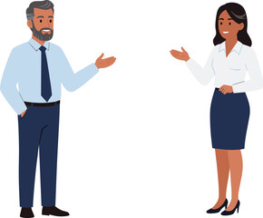 Business professionals communicating in office environment, corporate teamwork, workplace discussion, formal attire, vector illustration for business and communication concepts