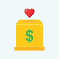 Yellow Donation Box with Green Dollar Symbol and Red Heart on White Background