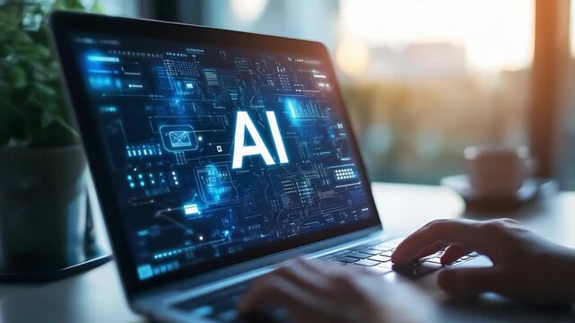 computer monitor with a binary code, a person using a laptop computer, AI text on screen, full hd