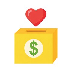 Yellow Donation Box with Green Dollar Symbol and Red Heart Above on White Background