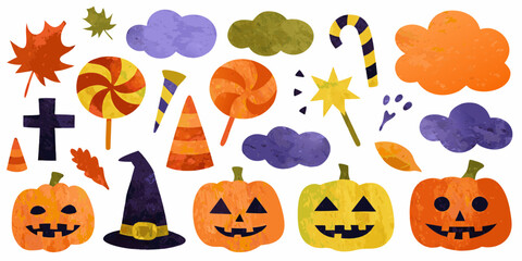 Collection of whimsical halloween elements including pumpkins candy and autumn leaves