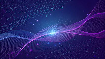 Futuristic abstract background with electric purple mesh lines on dark blue and digital glow