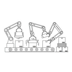 Industrial Robotic Arms Handling Cardboard Boxes on Conveyor Belt in Factory Line