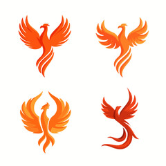 Four stylized phoenix logos in various poses