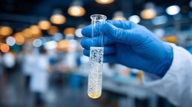 A gloved hand holds a glass vial of bright liquid under clinical lighting, symbolizing advancements in medicine, vaccines, and healthcare.