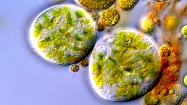 Green algae cells under microscope, 1000x
