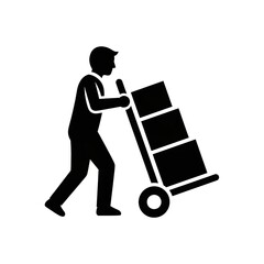 Silhouette Man Pushing Hand Truck with Boxes on White Background