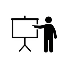 Person Silhouette Pointing at Blank Presentation Screen on White Background