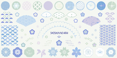 Collection of japanese traditional patterns and motifs in soft pastel blue and purple colors