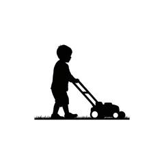 Silhouette of Young Child Pushing Toy Lawn Mower on Grass Outdoors