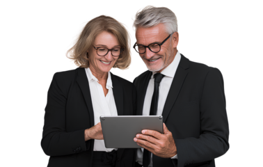 a smiling middle-aged business couple using an ipad, wearing professional attire, looking at the screen together