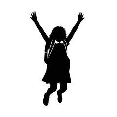 Silhouette of Happy Child Wearing Backpack Jumping on White Background