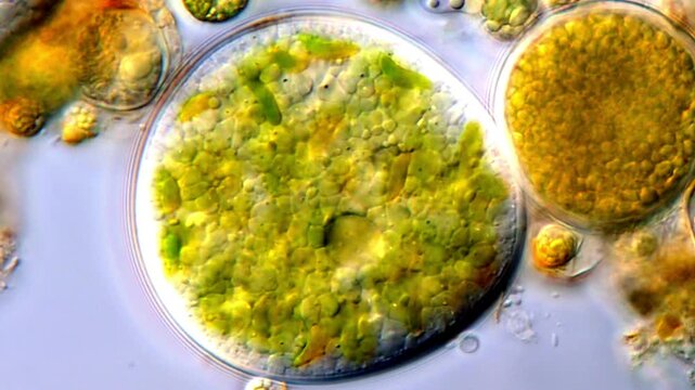 Green algae under microscope, 4K Video 