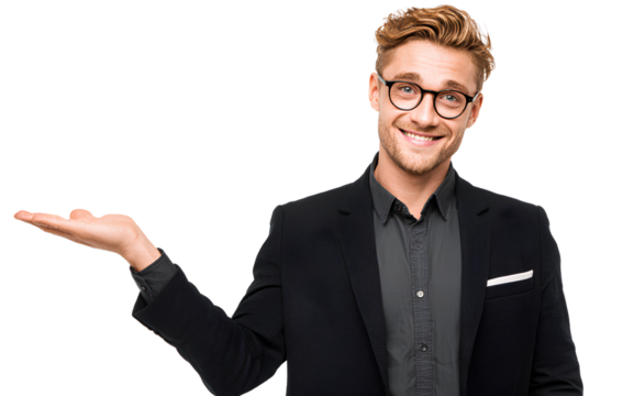a smiling young businessman in a suit and glasses presenting something