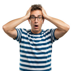 Surprised man with hands on head isolated on transparent background