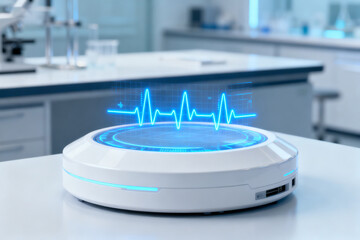 Futuristic medical device with holographic heart rate display in a laboratory setting