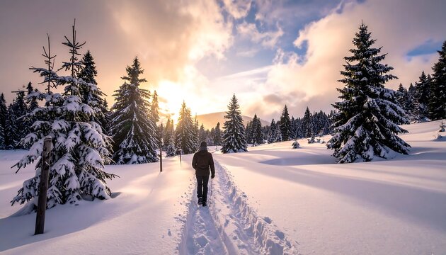 Snowy path, hiker, sunset