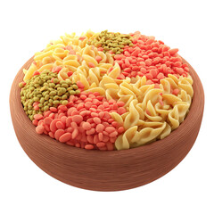 Colorful Pasta  Lentil Mix in Wooden Bowl.
