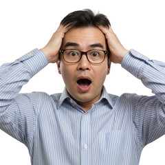 Surprised asian man in striped shirt isolated on transparent background