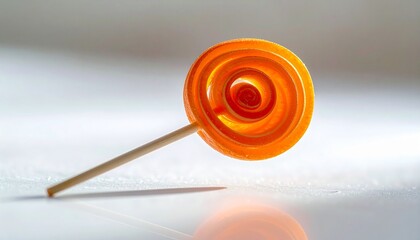 Orange spiral lollipop on white, glossy citrus swirl and playful clarity.