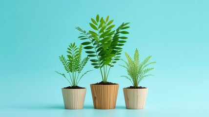 A stylish arrangement of three indoor potted plants in modern white pots, set against a serene blue background.