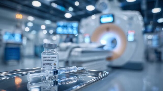 A sterile hospital setting features a glowing radioactive vial and syringe on a steel tray, sharply contrasted against a sleek MRI scanner's circular opening.