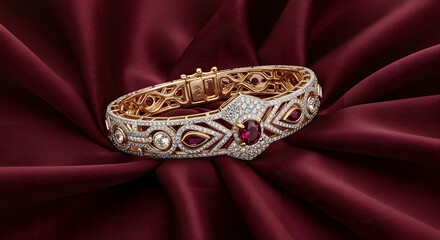 Luxurious Diamond and Ruby Gold Cuff Bracelet on Silk