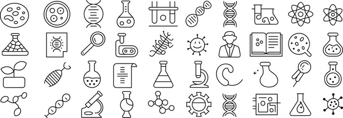 36 science and research icons, laboratory and biology symbols, black and white line art, flat vector, isolated, grid layout