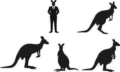Kangaroo silhouettes, animal wildlife illustration, business kangaroo in suit, anthropomorphic design, unique animal concept, creative vector art, Australian wildlife, symbolic