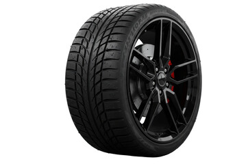 Obraz premium Isolated tire on black rim, car braking system with red calipers, new wet tire, cool black