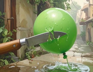 A green balloon is punctured by a knife in a weathered alley