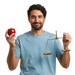 Man holding red apple and scales isolated on transparent background