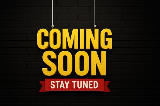 Modern coming soon announcement banner with bold yellow 3d text and red stay tuned ribbon