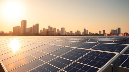 Modern solar panels reflecting golden sunlight with a city skyline softly in the background.