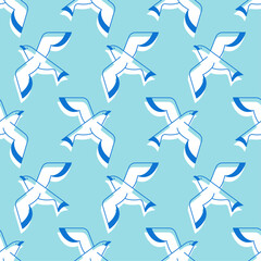 Seamless pattern of flying seagulls on a blue background. Perfect for summer, marine themes, textile design, wallpaper, and nautical illustration.