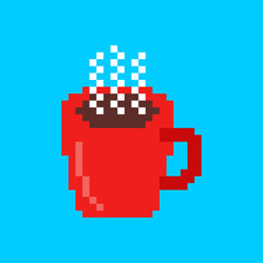 Pixel art hot drink cup. Red pixel-art hot beverage cup with steam on a blue background, representing retro video-game style, warm drinks, cozy vibes, winter comfort, and modern pixel illustration.