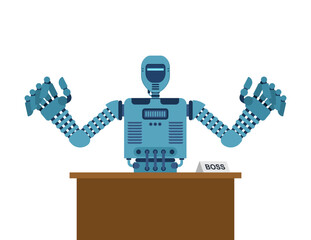 Angry AI robot sitting at desk. Symbol of artificial intelligence, stress, workplace pressure, and future technology. Perfect for business, sci-fi, and tech projects.