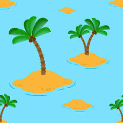 Seamless tropical pattern with palm trees and small islands in the ocean. Perfect for travel, vacation, summer, textiles, wallpapers, and exotic design projects.
