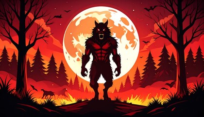 Fierce werewolf in a fiery forest at night
