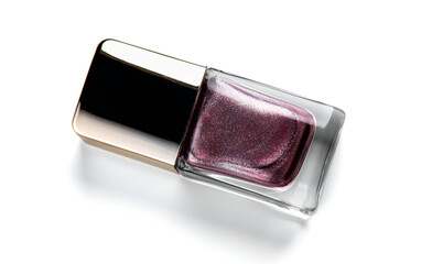 Nail polish bottle, purple, pink glitter nailpolish, manicure concept. Enamel, varnish isolated on white background. Beauty salon, nail care product. Nail art. Top view. Flat lay. 