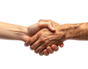 Two hands clasped in a handshake against a black background