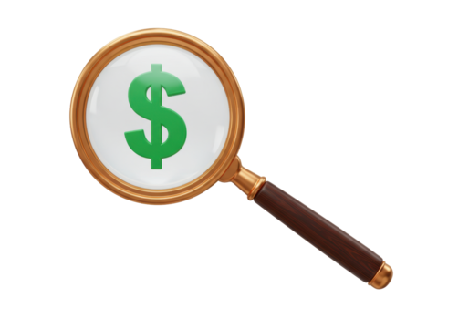 Isolated searching for savings and wealth with magnifying glass on dollar sign or currency