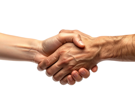 Two hands clasped in a handshake against a black background