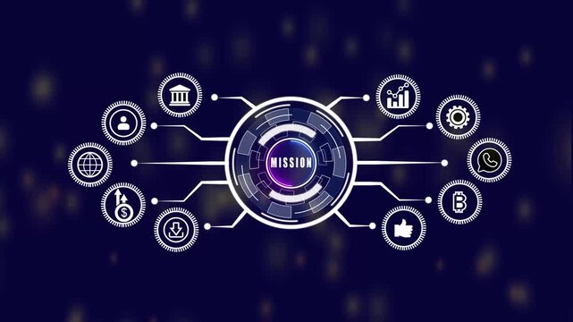 Mission business concept on a flashing computer monitor and data with blue color background. internet hud technology