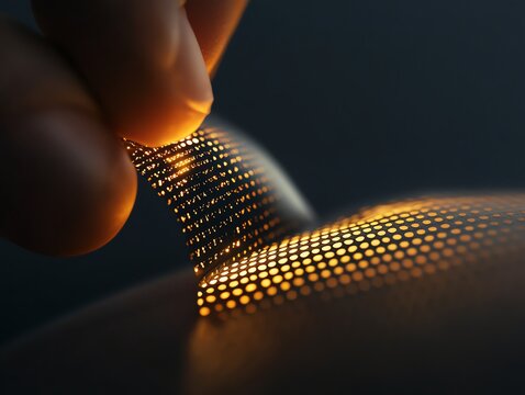 Close-up of a hand lifting a glowing mesh sheet, showcasing innovative illuminated mesh technology and modern design.