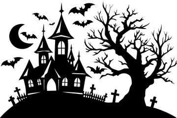 Vector art of spooky haunted house with bats and graveyard