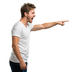 Angry young man pointing and yelling isolated on transparent background