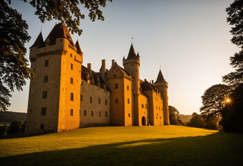 Historic castle exterior lit by golden hour sunlight