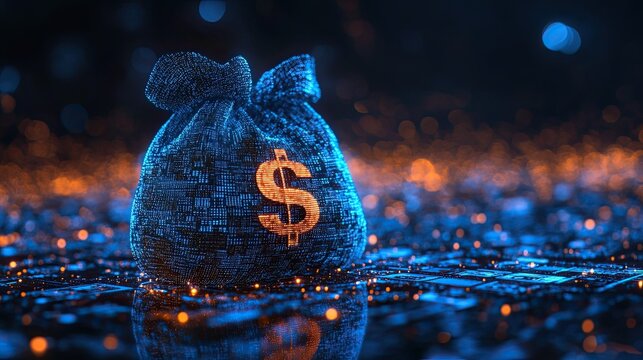 Digital blue moneybag symbolizing AI financial transactions 